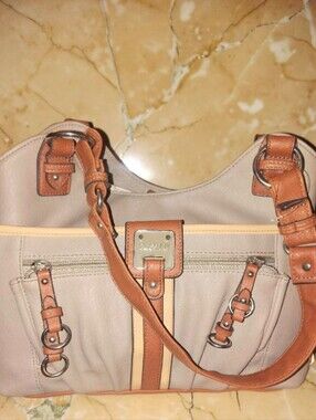 Rosetti Beige and Tan Trim Leather Shoulder Bag with Front Zip